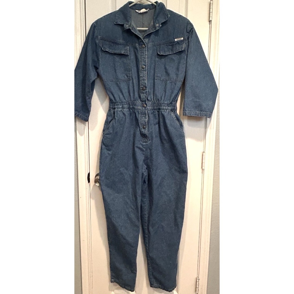 Vtg 80s IDEAS Blue Denim Boiler Jump Suit Womens L Romper Coveralls Jean One Pc